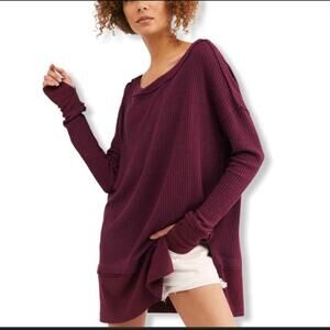 Free People North Shore Thermal V-Neck Maroon Long Sleeve Tunic Size X-Small